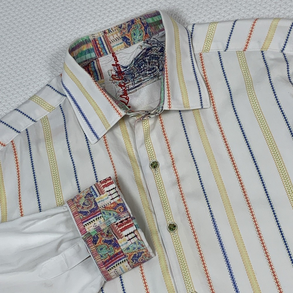 Robert Graham Classic Fit Shirt Large L Colorful Lines Motorcycles Embroidered